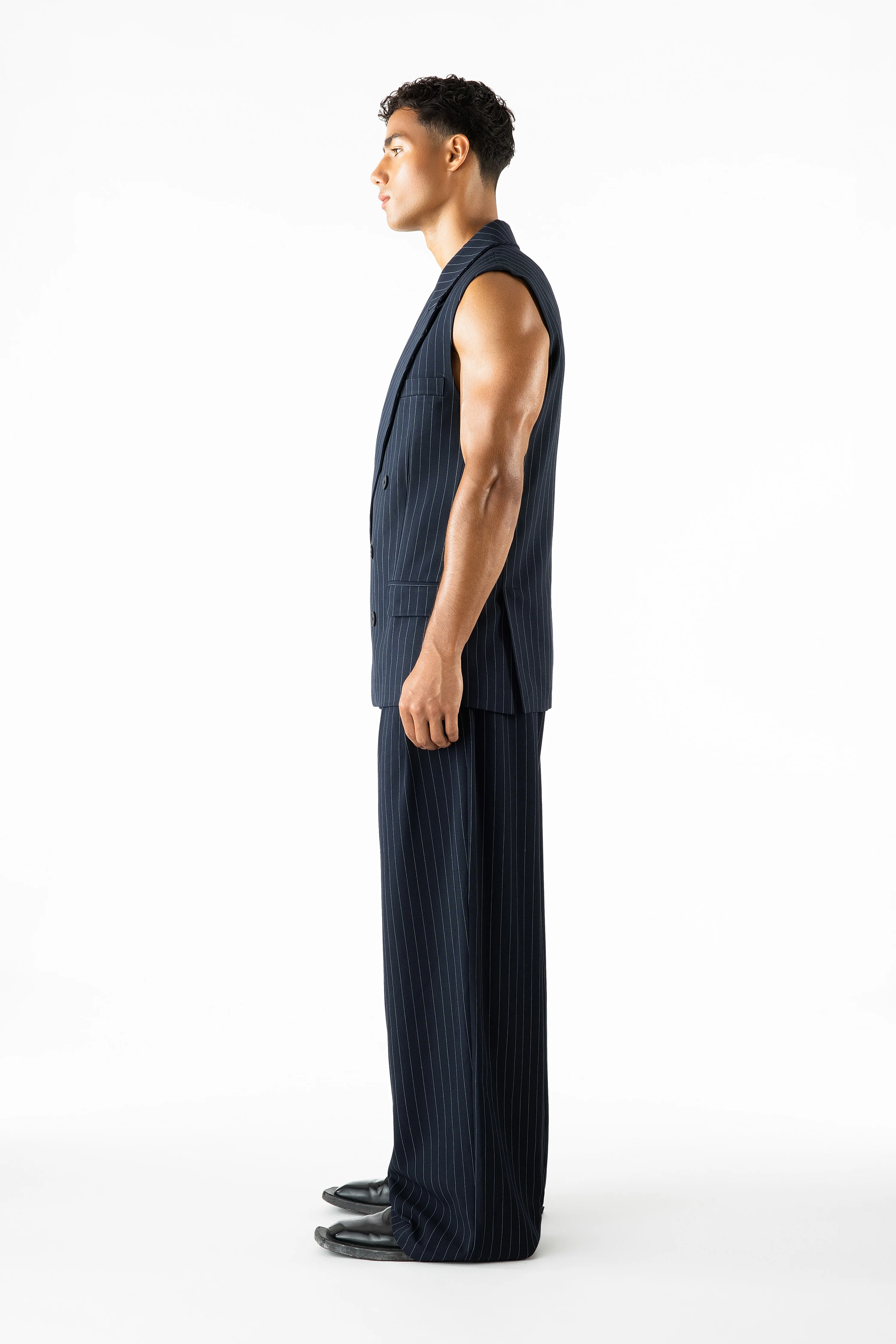 Gray Sleeveless Blazer Navy Pinstripe - Image 3