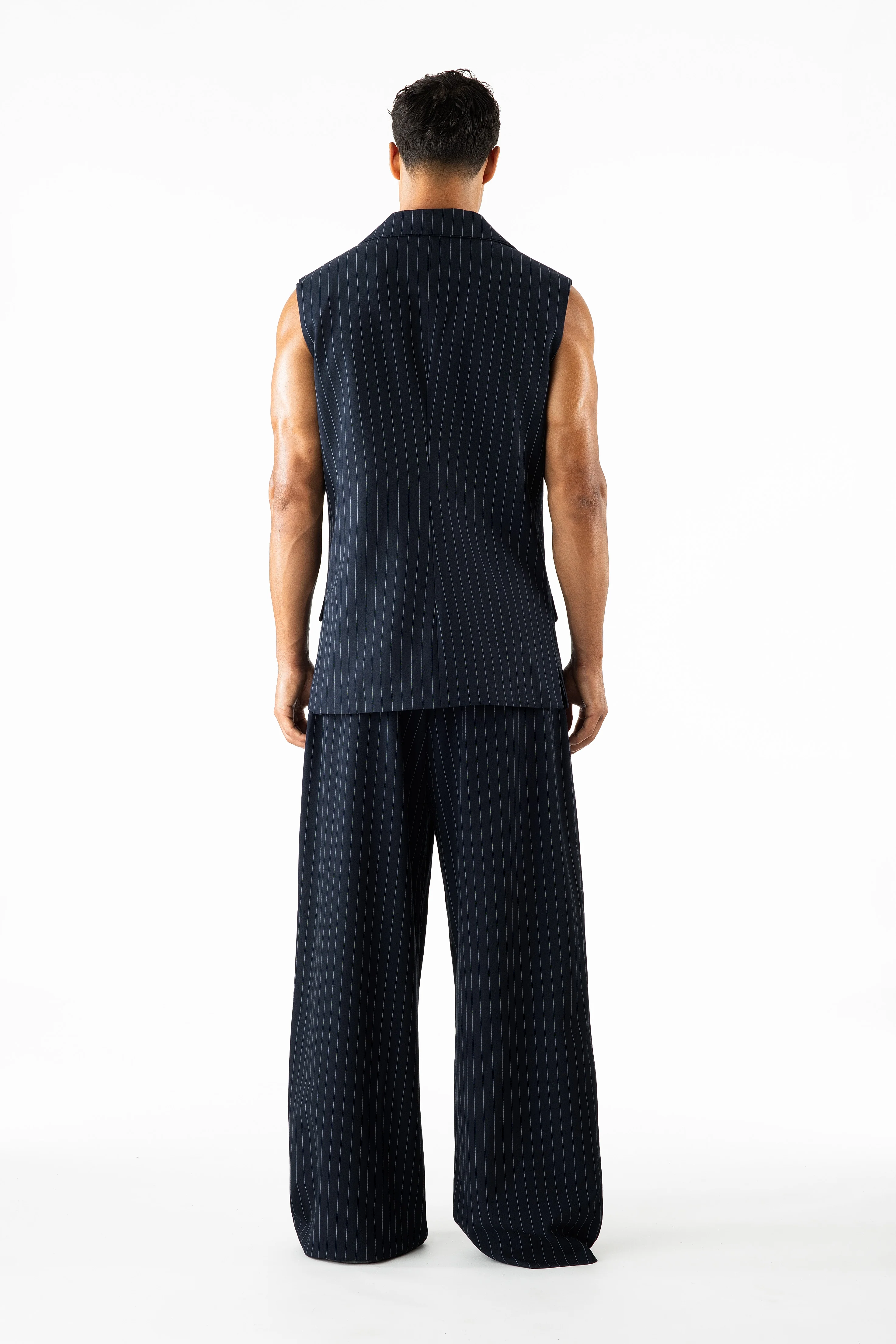 Gray Sleeveless Blazer Navy Pinstripe - Image 4