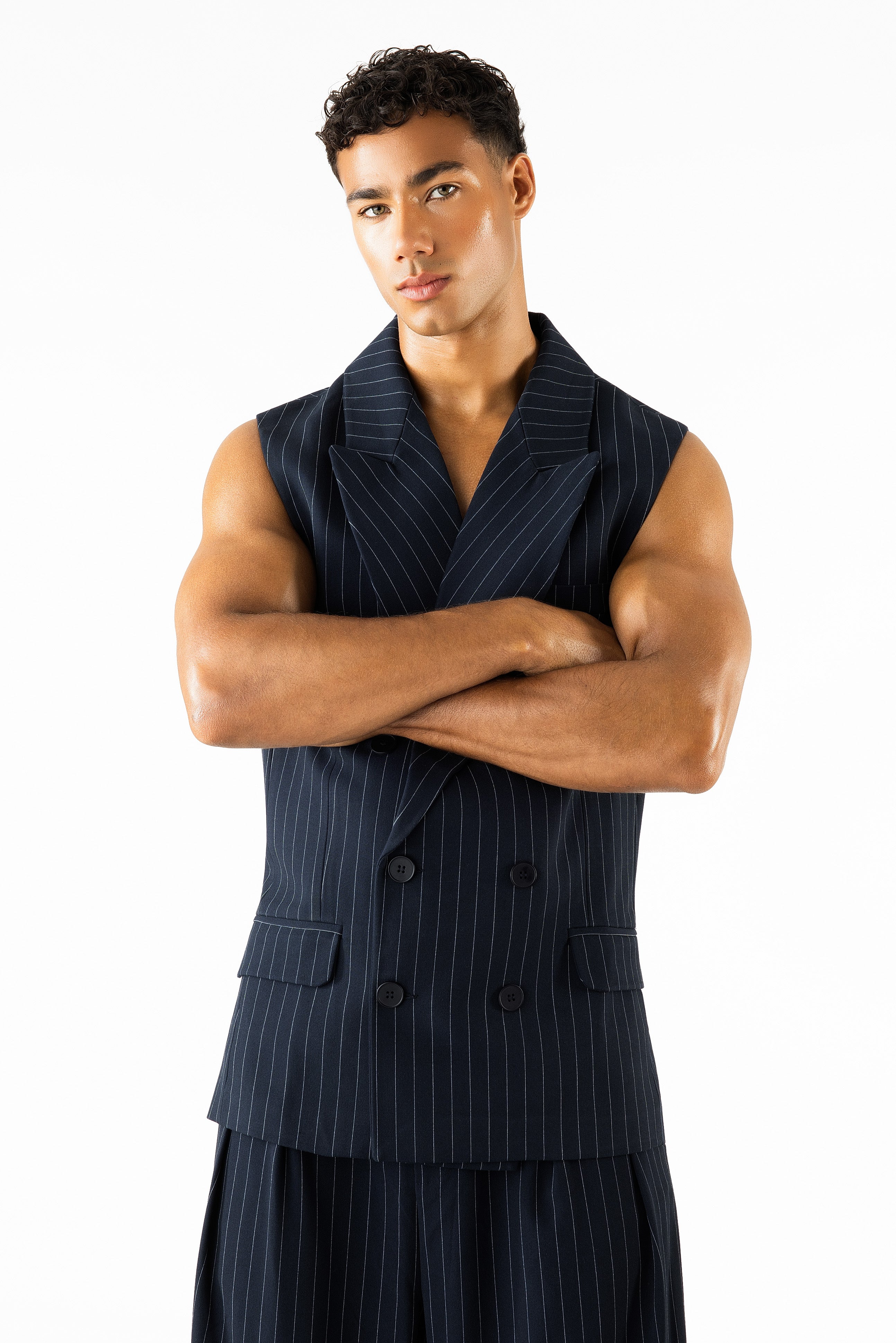 Gray Sleeveless Blazer Navy Pinstripe - Image 6